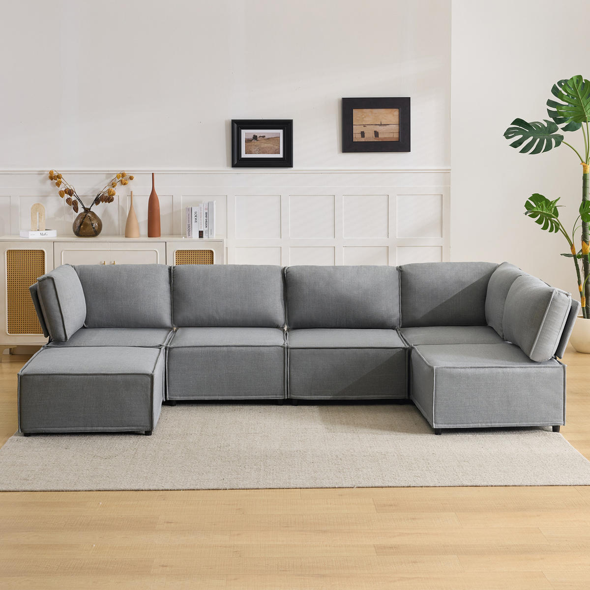ECKSOFA mit Schlaffunktion und frei kombinierbaren Elementen, Hellgrau - Hellgrau, Kunststoff (308/152cm) - Redom