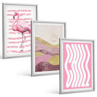 BILDER SET 3er Set - 40x60 cm Silberner Rahmen - Pastelllandschaft mit rosa Flamingos - Silberfarben, Kunststoff (40/60cm) - TULUP