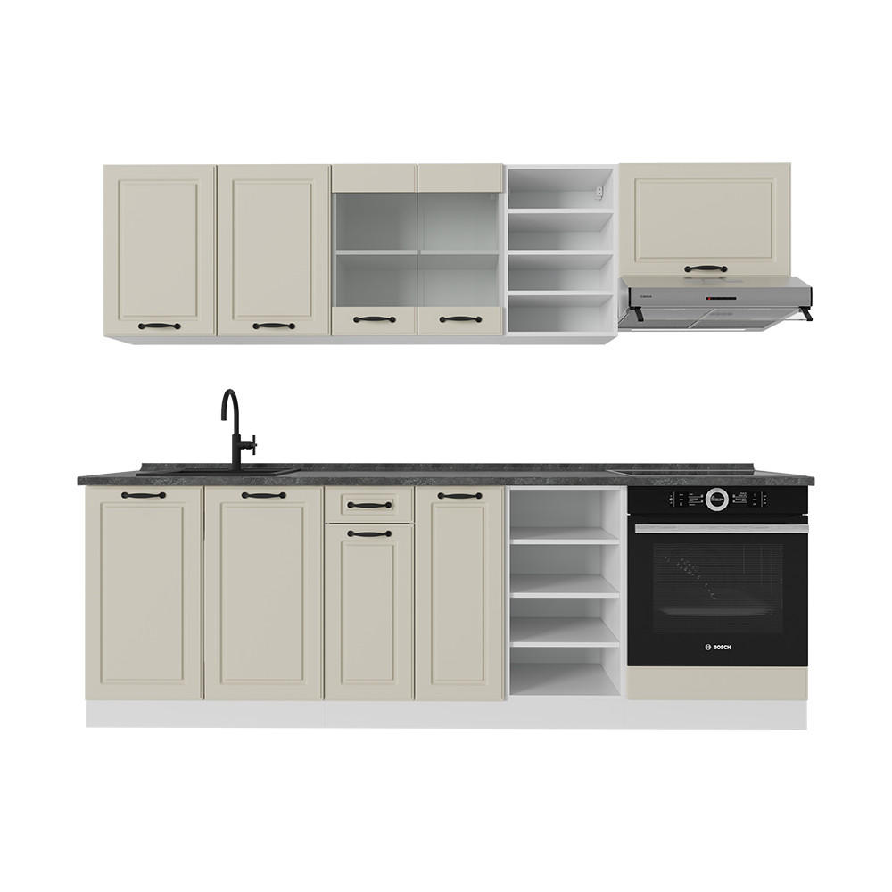 KÜCHENZEILE R-Line, Sand Landhaus/Weiß, 240 cm ohne Arbeitsplatte - Beige/Weiß, Holzwerkstoff (240/206.8/46cm) - Vicco