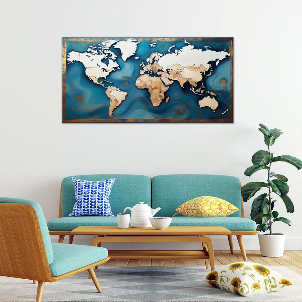 WANDBILD retro türkis weltkarte - Türkis, Textil (100/50cm) - Feeby