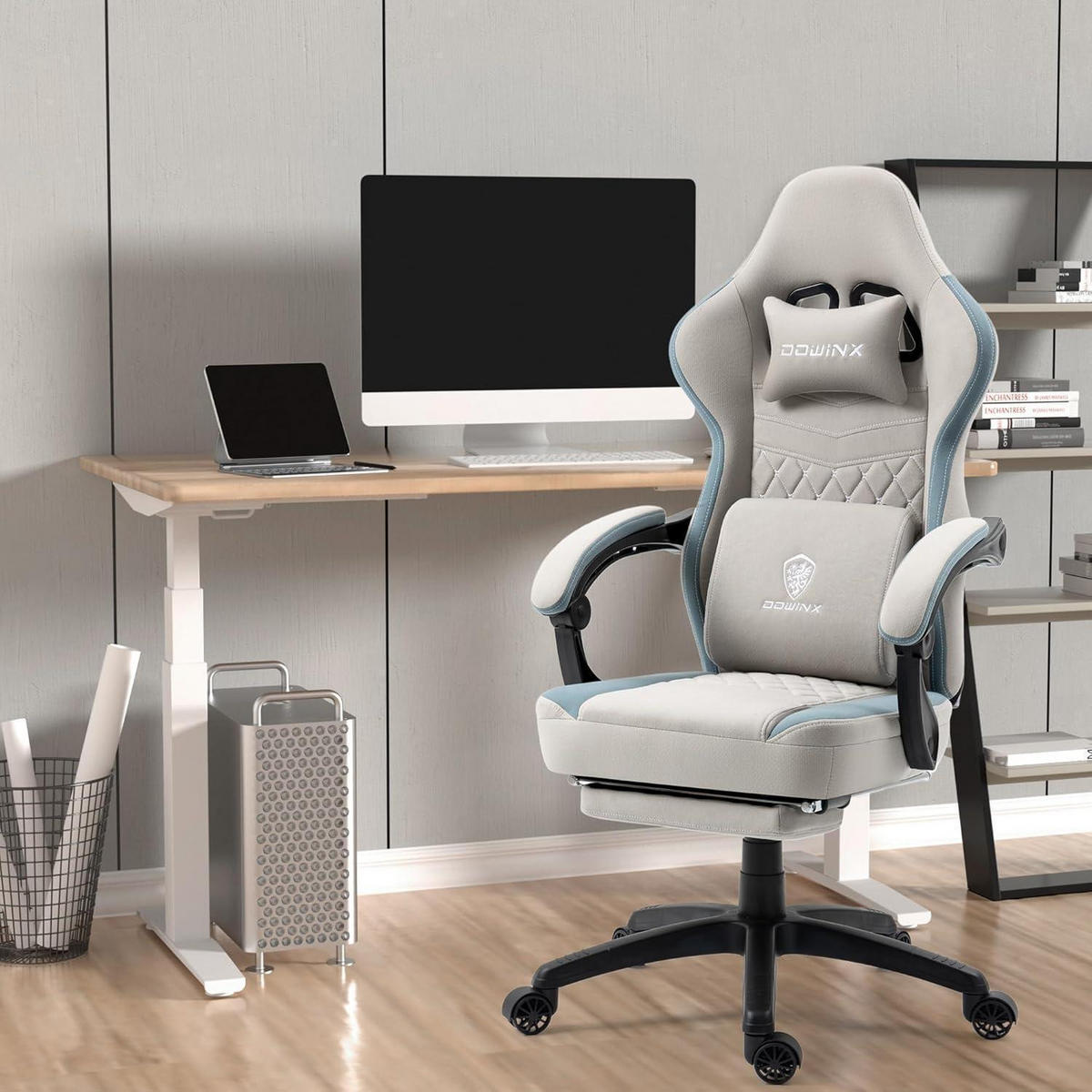 GAMING Stuhl Stoff Grau mit Fußstütze und Massagefunktion - Grau, Textil (50/133/50cm)