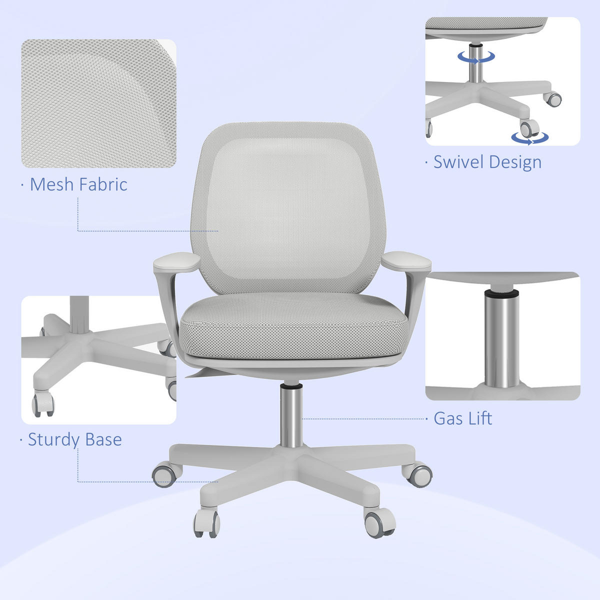BÜROSTUHL, Ergonomisch Schreibtischstuhl mit Drehfunktion, Höhenverstellbar - Weiß/Grau, Kunststoff (48/94.5/55cm) - Vinsetto