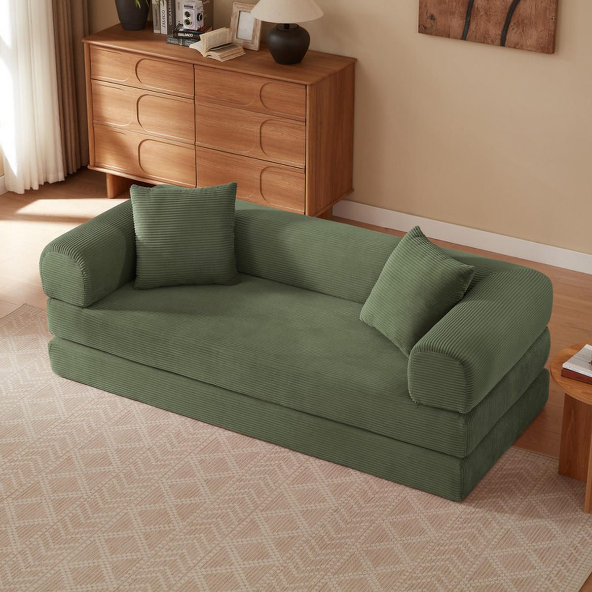 SCHLAFSOFA 195/89/59 cm Grün Samtstoff, 3-Sitzer - Grün, Textil (89/59/195cm) - Oxeza