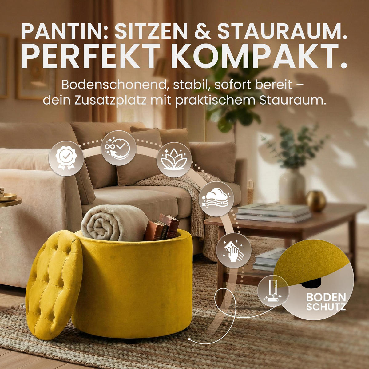 SITZWÜRFEL Samt Gelb - Gelb/Schwarz, Kunststoff/Textil (44/42/44cm) - CLP