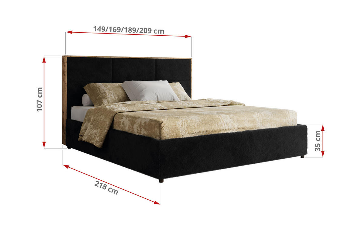 POLSTERBETT LERIO CLASSIC 160/200 - Schwarz Plüsch - Multipocket-Matratze - Schwarz, Textil (160/200cm) - MKS