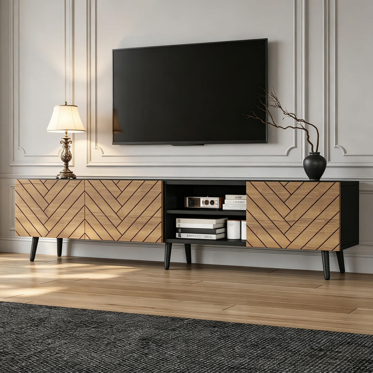 LOWBOARD in Holzfarbe TV-Ständer mit geräuschlosen Scharnieren für Wohnzimmer, B180/T33,5/H45 cm - Schwarz/Naturfarben, Holzwerkstoff/Metall (180/45/33.5cm) - STILVORA