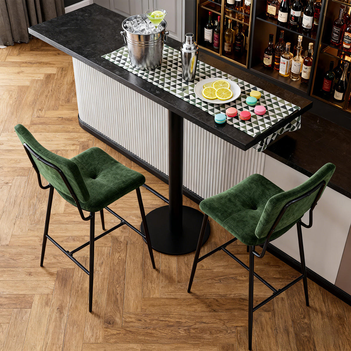 BARHOCKER 2er-Set, 69 cm Sitzhöhe, Gepolsterte Barstühle mit Rückenlehne und Fußstütze - Grün, Metall (46/102/52cm) - Meubles Cosy