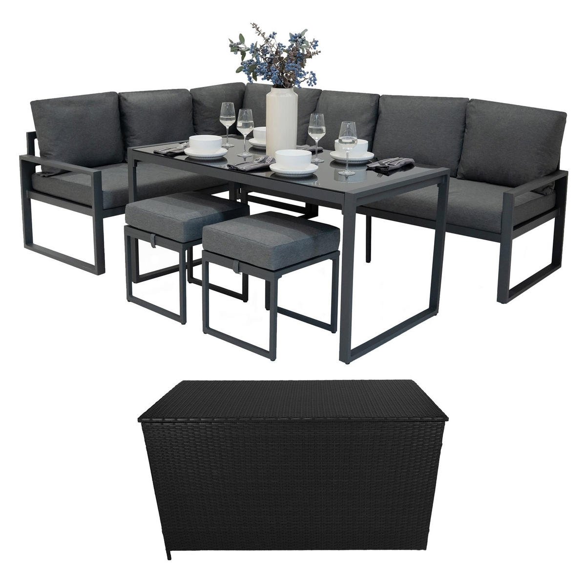 ECKSOFA-SET 5-teiliges Aluminium mit schwarzer Rattan-Aufbewahrungsbox Anthrazitgrau - Anthrazit, Metall