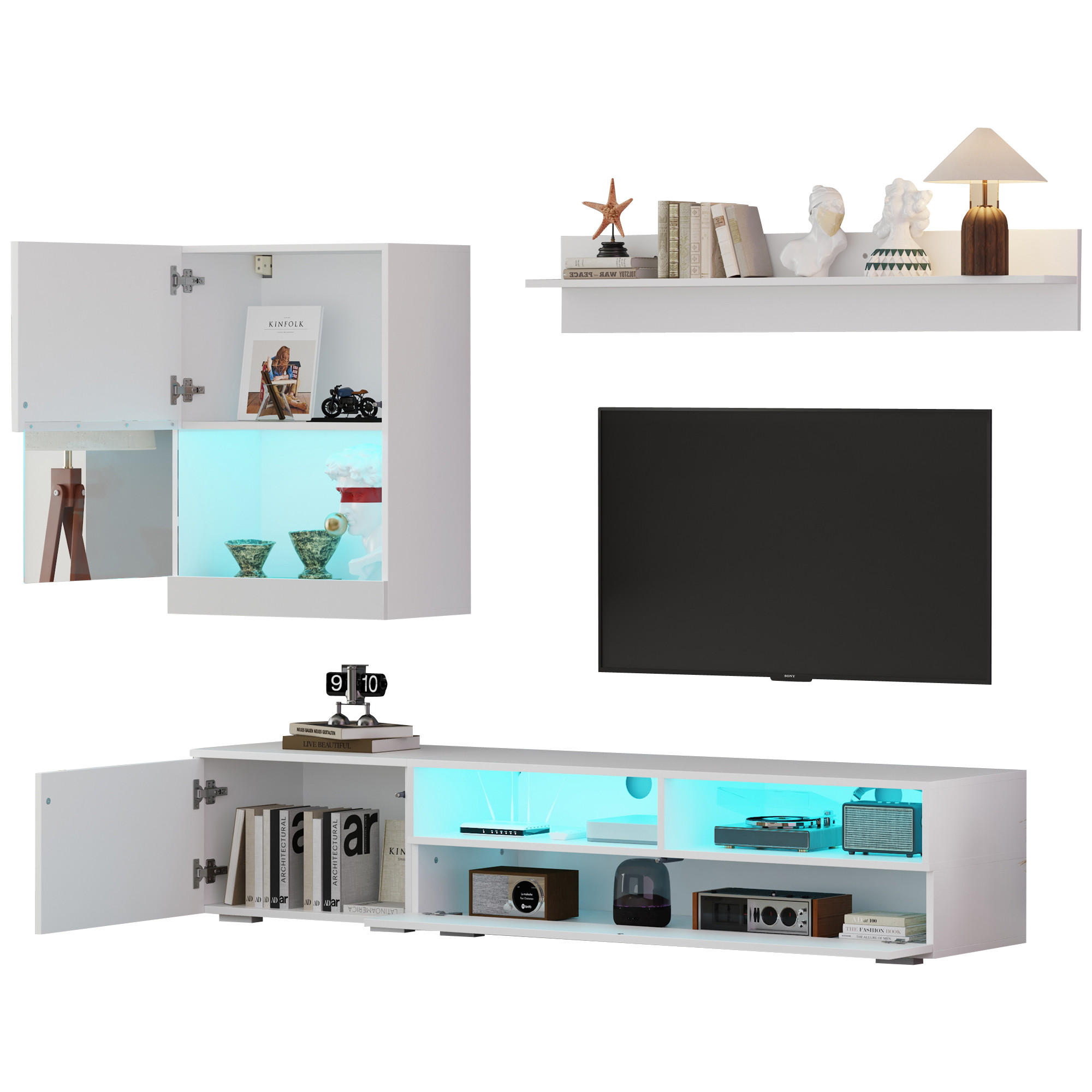 ANBAUWAND in Weiß TV Wohnwand-set mit Vitrine, LED und Hochglanz für Wohnzimmer, B175/T39/H34cm - Transparent/Weiß, Holzwerkstoff/Kunststoff (174/34/39cm) - STILVORA