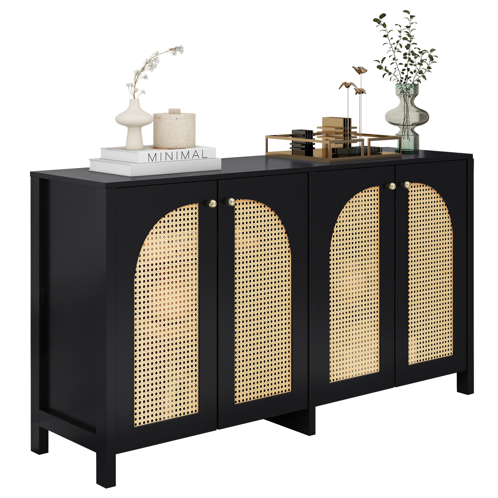 SIDEBOARD 145x40x80 cm, 4 Türen, Rattanoptik, Schwarz - Schwarz, Holz (145/80/40cm)