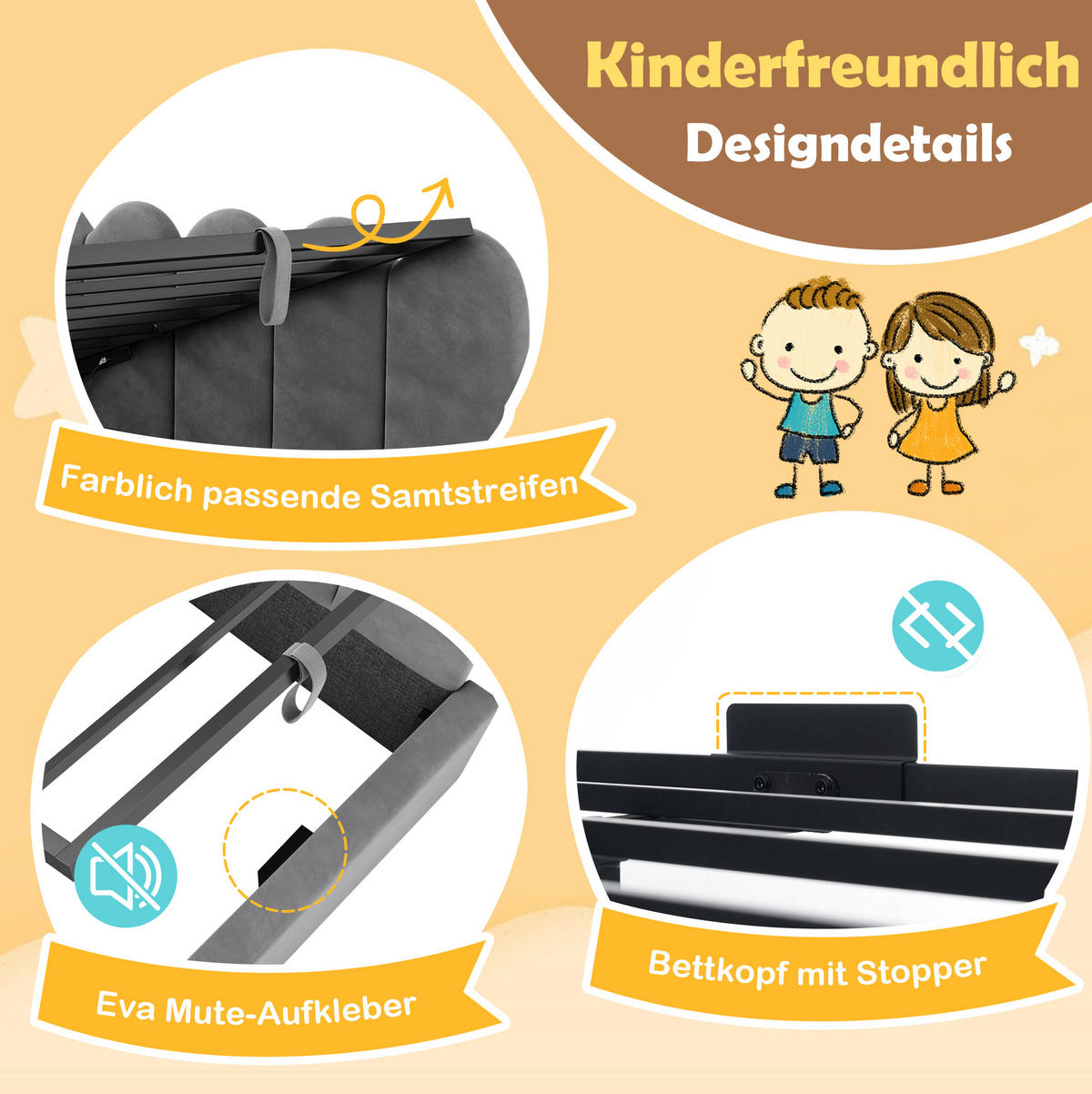 KINDERBETT Polsterbett 90/190 cm aus Samt mit Stauraum und Kronen-Gitter-Design Grau - Grau, Textil (90/190cm) - Modenvie