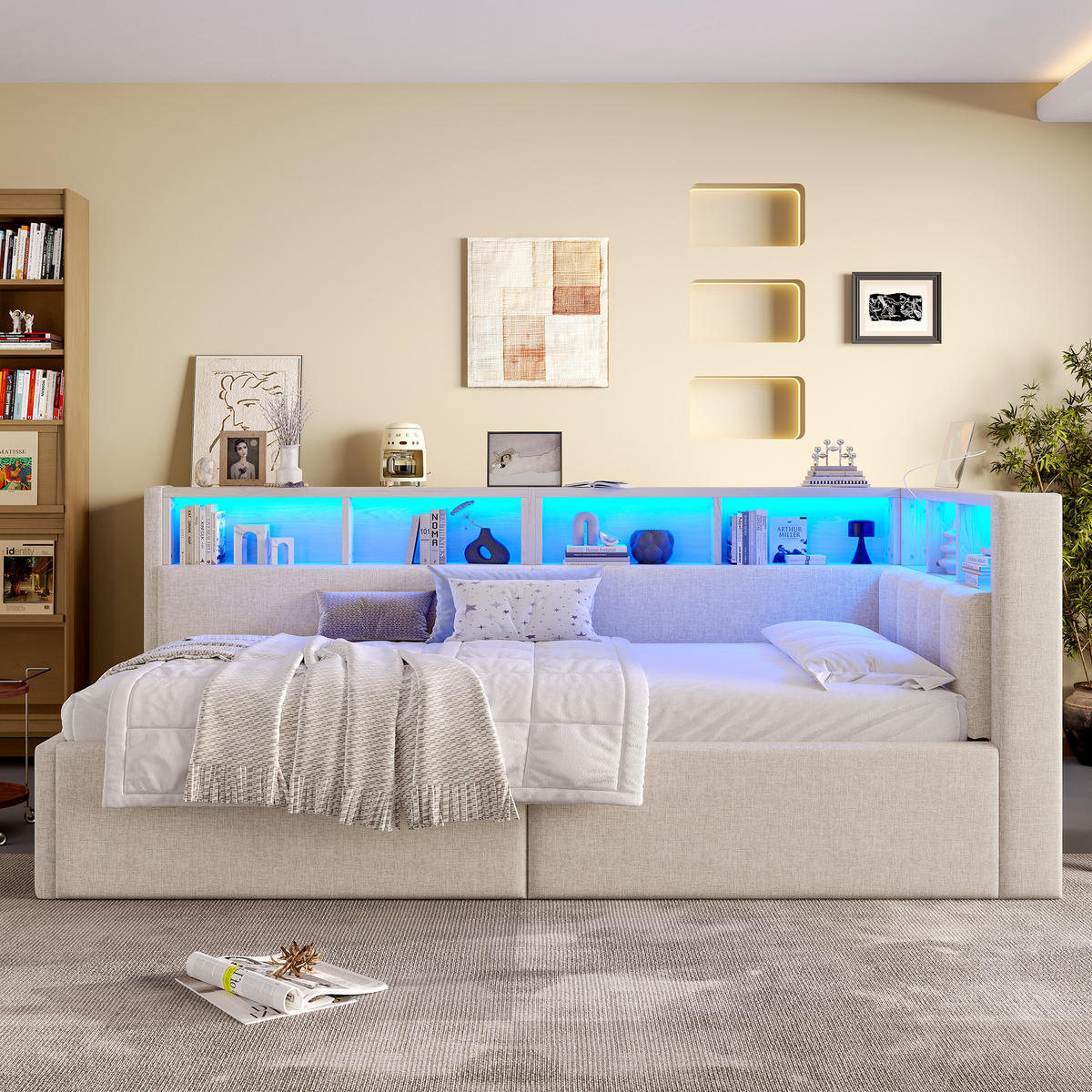 STAURAUMBETT 90/200 cm DE-04951, mit LED und Hydraulik in Beige - Beige, Holzwerkstoff (90/200cm) - ComfortXL