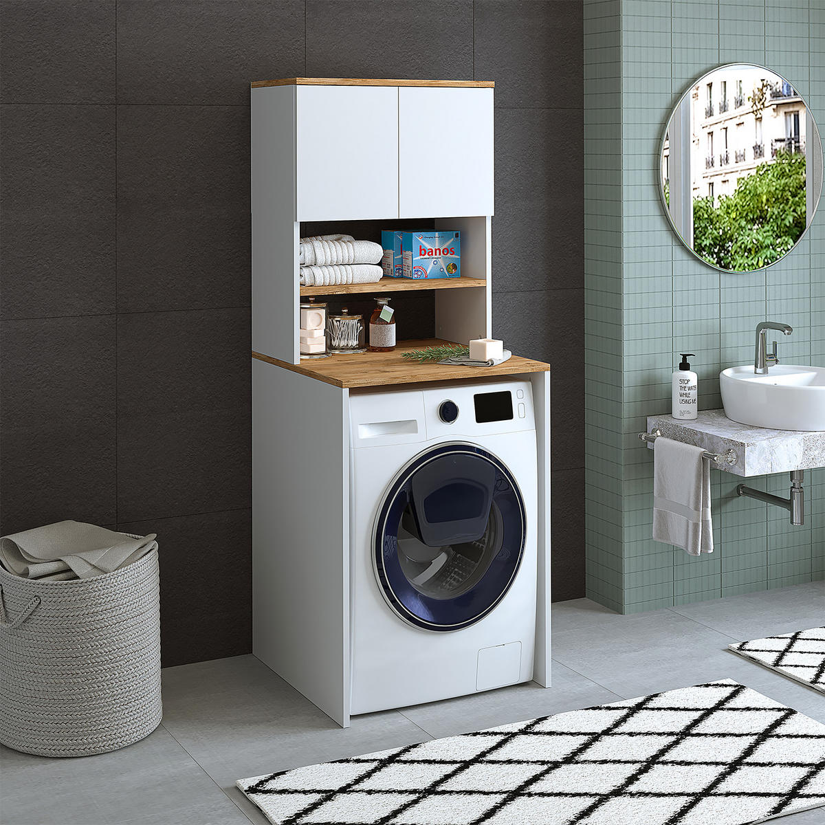 WASCHMASCHINENSCHRANK Atlantic III 65cm Breit, 181cm Hoch - Eiche Bianco, Holzwerkstoff (65/181/60cm)