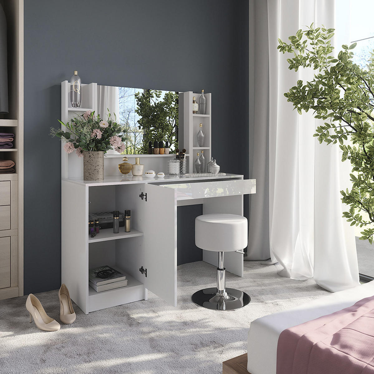 SCHMINKTISCH Sherry Weiß/Weiß Hochglanz 119.8 cm 5 Teile - Weiß Hochglanz, Holzwerkstoff (119.8/76/50.1cm) - Vicco