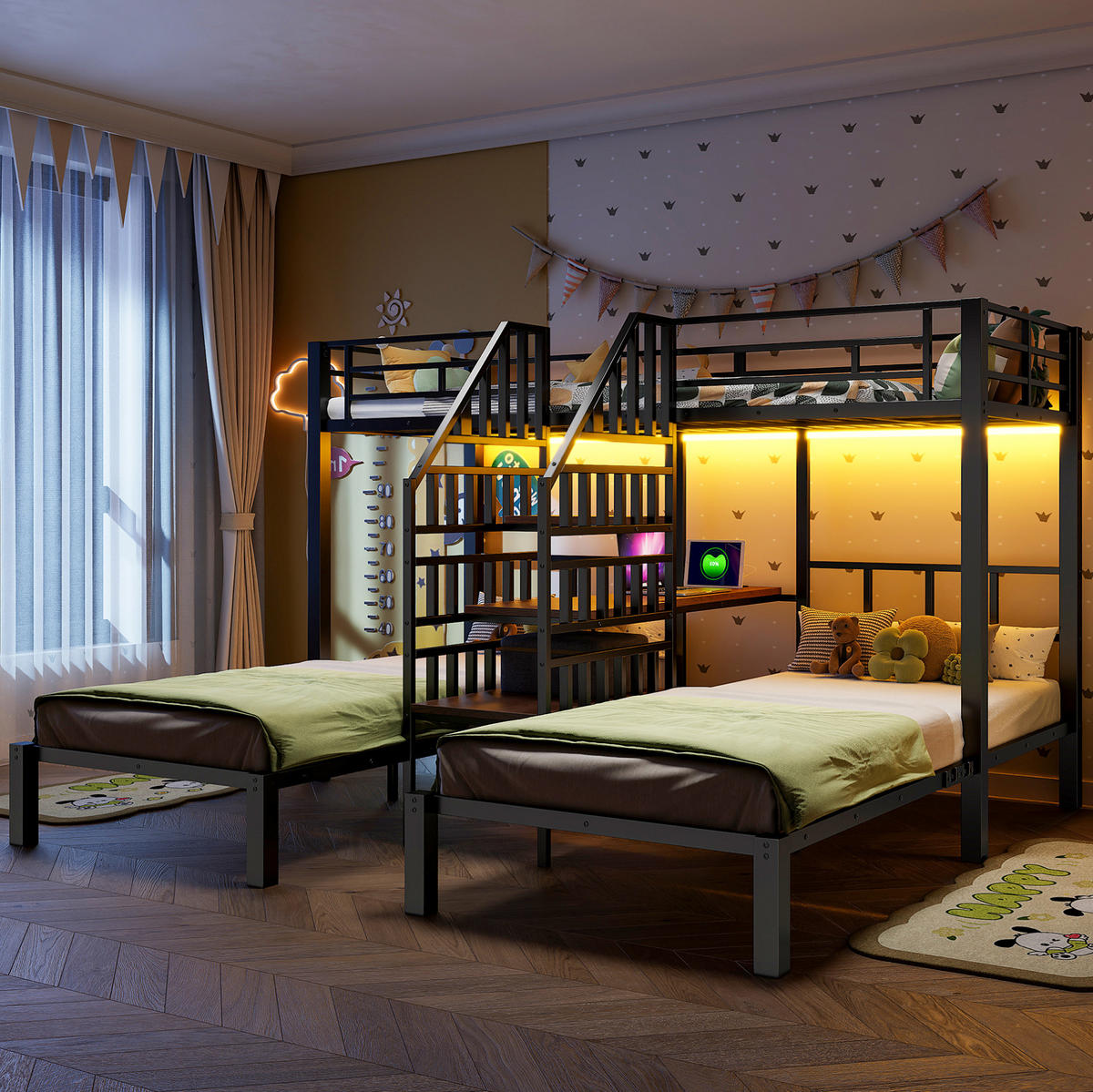 ETAGENBETT aus Metall und MDF 90x200 cm Schwarz mit LED, Schreibtisch, Stauraumtreppe, Regal, USB und Steckdose - Schwarz, Metall (90/200cm) - Modfu