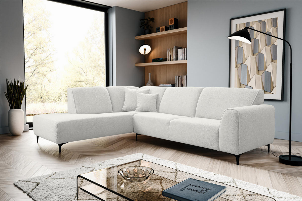 ECKSOFA Mula in L-Form, Coach Farbe: Weiß, Bouclé-Stoff, Ottomane Links - Weiß, Textil (210/274cm) - VENASI MÖBEL