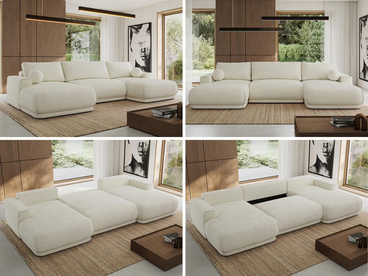 WOHNLANDSCHAFT RINA U Creme Schenille glatt - Creme/Schwarz, Kunststoff/Textil (360/85/170cm) - MKS