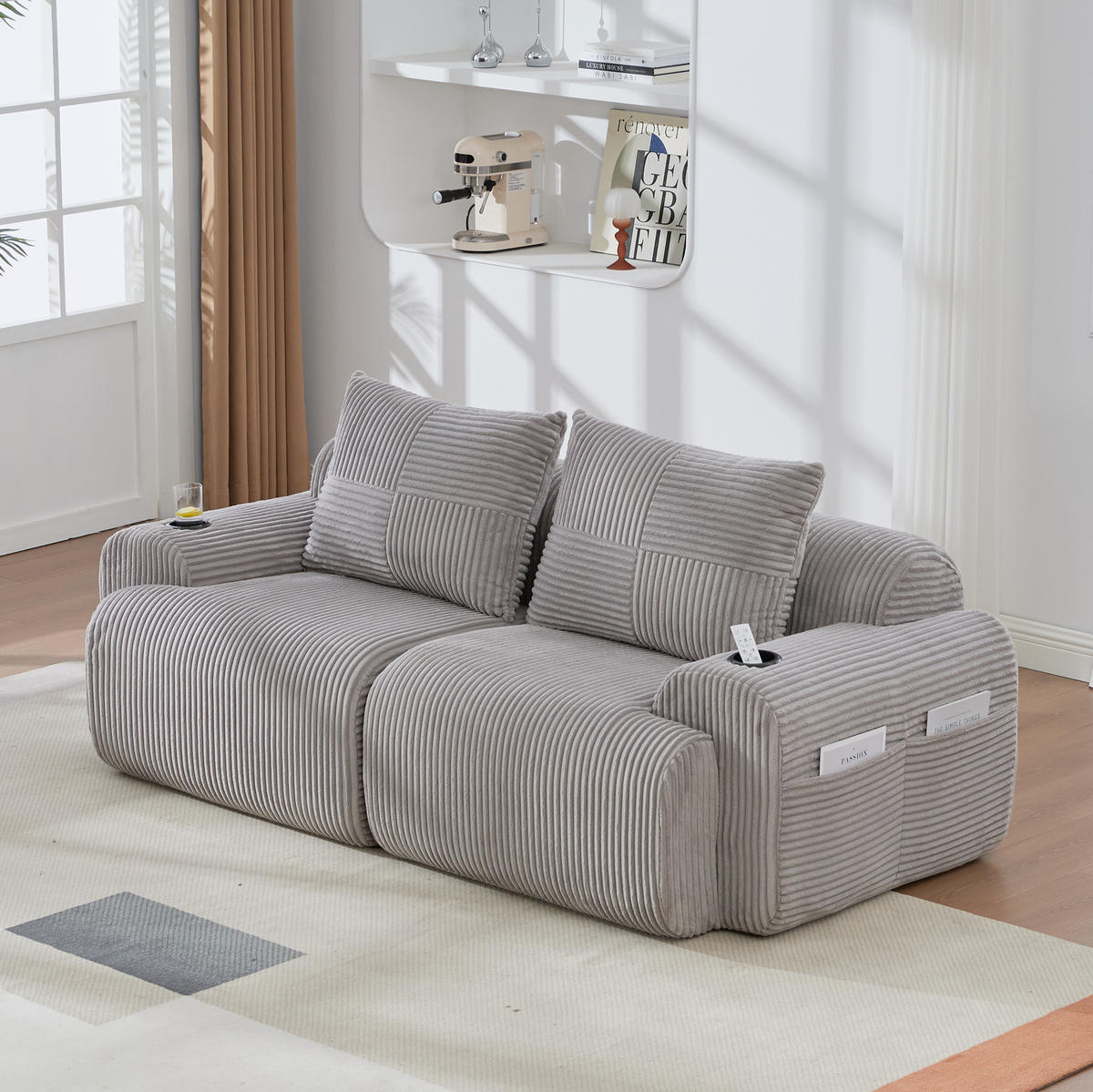 2-SITZER-SOFA aus Cord 200x99x80 cm in Hellgrau mit Cupholder & Seitentasche - Hellgrau, Textil (99/80/200cm) - Modfu