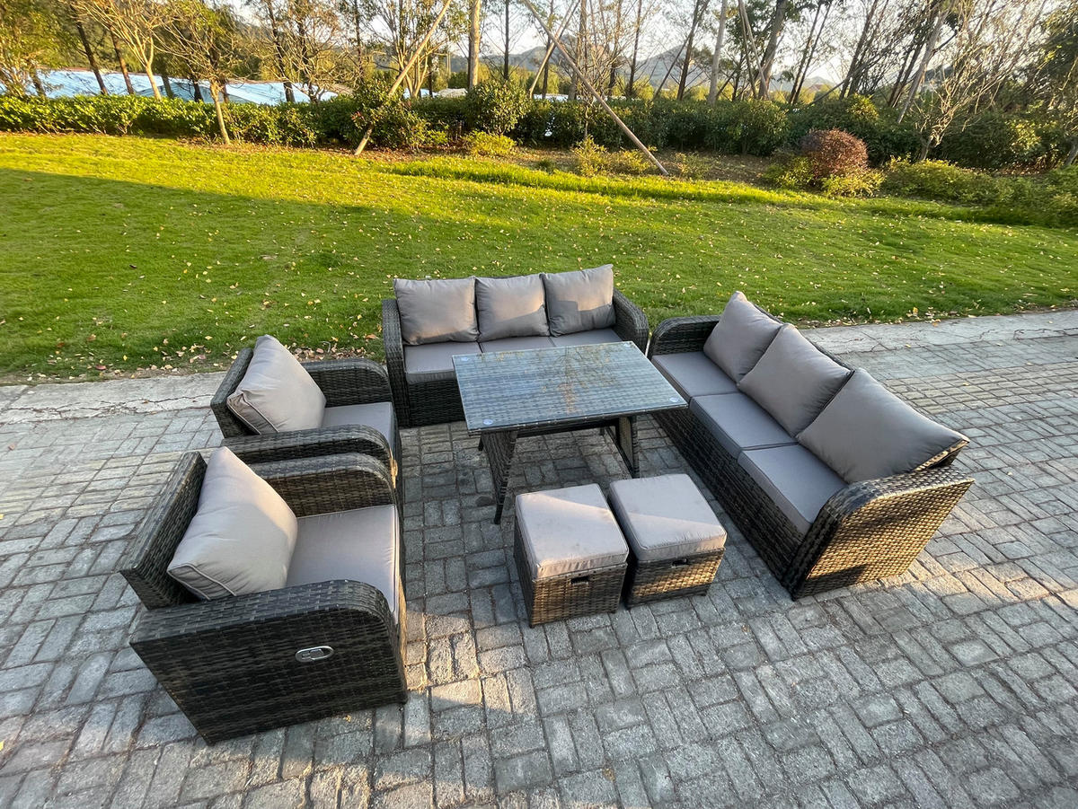 GARTENSET Hohe Rückenlehne Polyrattan 10-Sitzer - Dunkelgrau/Grau, Glas/Kunststoff - Fimous