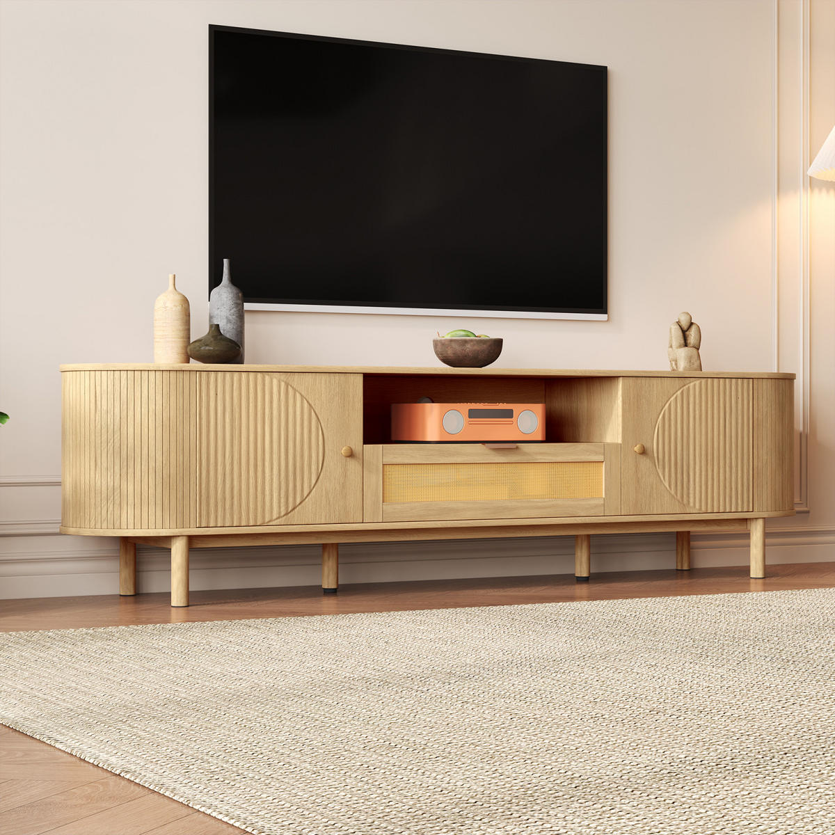 TV Lowboard 175 cm, Rattan-Schubladen, Metallfüße, Holz - Braun, Holz (175/51/36cm)