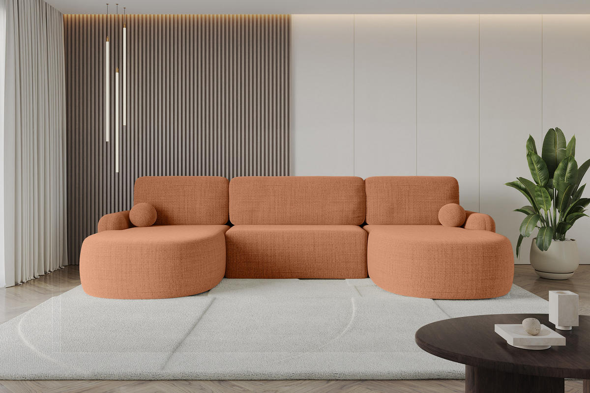 WOHNLANDSCHAFT mit Schlaffunktion und Bettkasten LIRA-U - 335x172x89 Apricot - Dunkelorange, Holzwerkstoff/Textil (335/89/172cm) - ALTDECOR