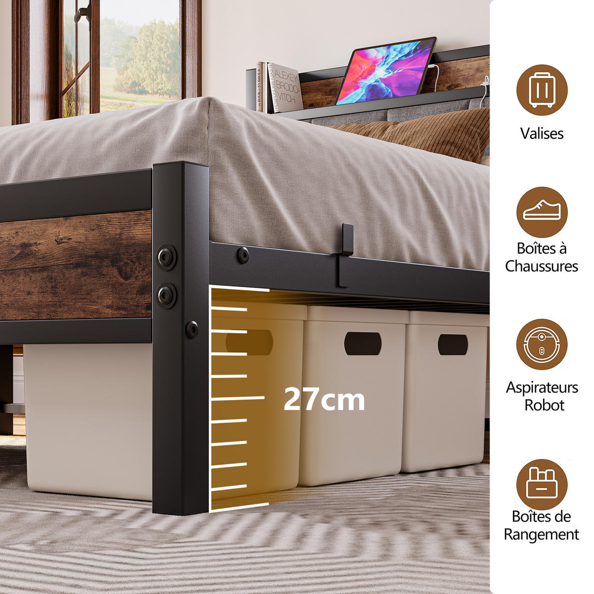 METALLBETT 140/190 cm Braun mit LED und USB - Braun, Metall (140/190cm) - Oxeza
