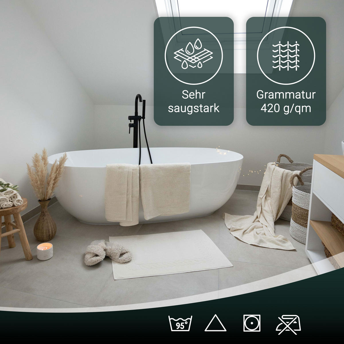 BADEMATTE, 2er-Set, 50x70 cm, 100% Baumwolle, Weiß - Beige, Textil (50/70cm) - Zollner