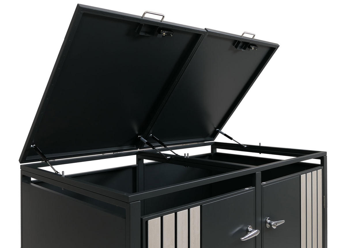 MÜLLTONNENBOX 2er mit Deckel HxBxT 122x132x84cm Anthrazit Holzoptik hell - Anthrazit, Metall (132/122/84cm) - PROREGAL