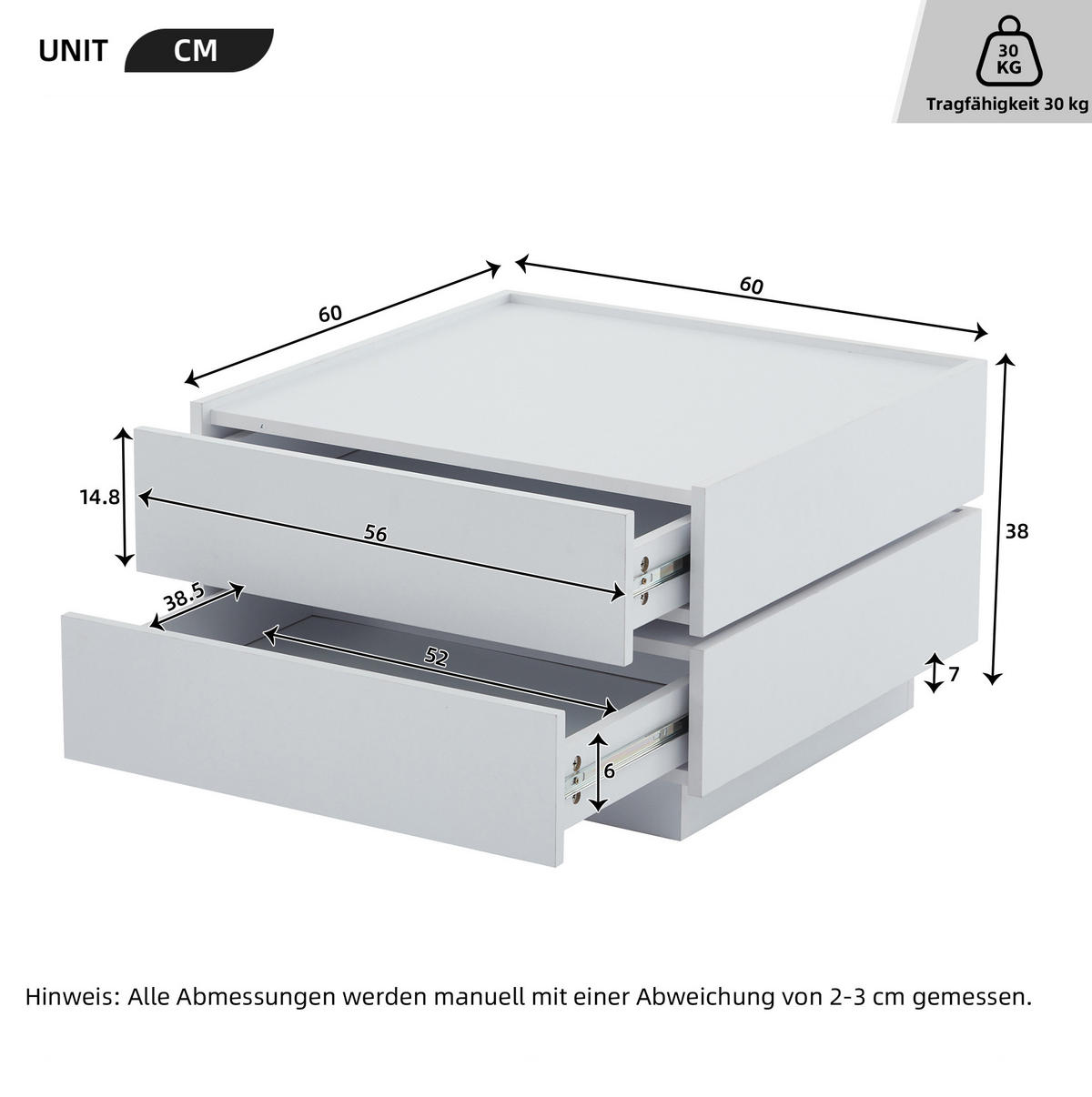 COUCHTISCH aus Spanplatte 60x60x38 cm Weiß mit 360° drehbarer Tischplatte und 2 Schubladen - Weiß, Holzwerkstoff (60/60/38cm) - IVMEU
