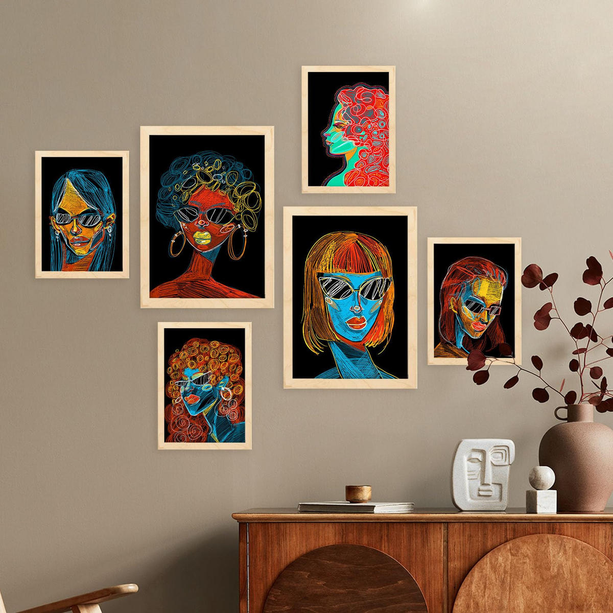 POSTER Set Mit 6 Schönheitstöne 3 In Weibliche Zusammenfassung Ästhetische Dekorative Gemälde Für Ihr Zuhause A3 & A4 Rahmen Aus Hellem Holz - Beige, Papier (29/3cm) - Nacnic