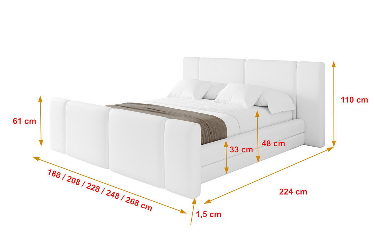 POLSTERBETT mit Bettkasten, Fußteil und Lattenrost, Bett mit Matratze H3/H4 - TEVO-Z 140x200 Weiß - Weiß Hochglanz, Holzwerkstoff/Textil (140/200cm) - ALTDECOR