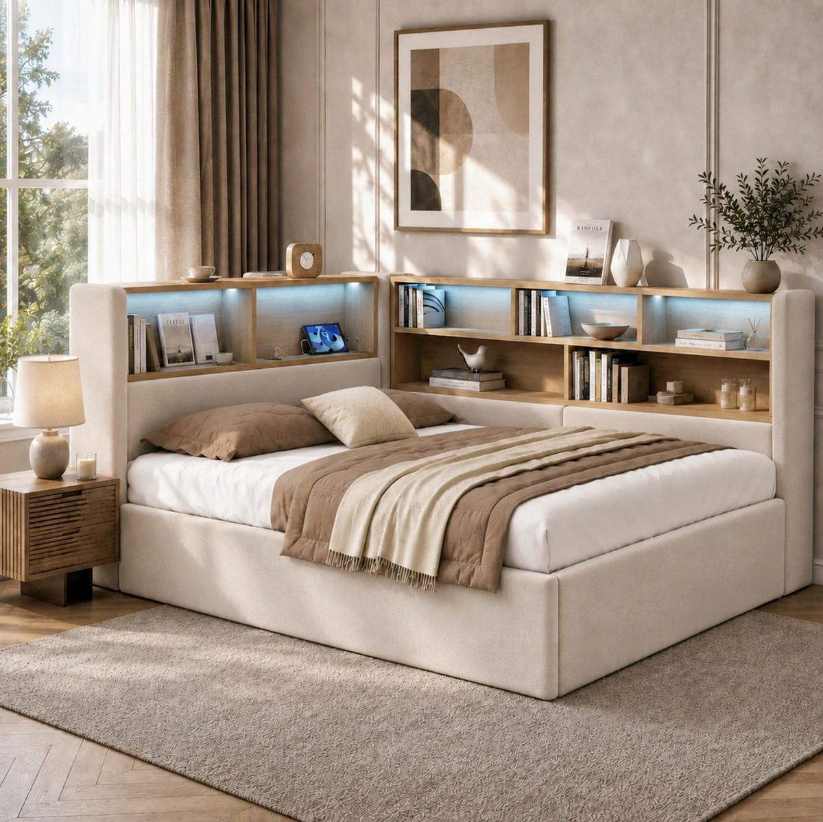 POLSTERBETT aus Samt 140x200 cm Beige mit hydraulischem Stauraum, LED-Beleuchtung und USB-/Type-C-Anschlüssen - Beige, Textil (140/200cm) - Modfu