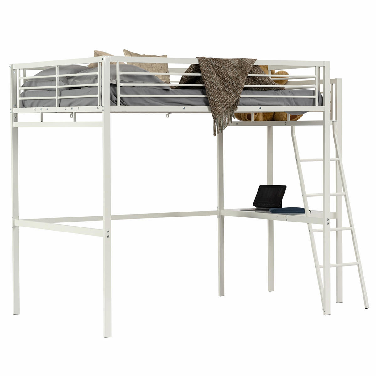 HOCHBETT Metall Weiß 140x200 cm – Loftbett mit Arbeitsbereich, Leiter und Sicherheitsgeländer - Weiß, Metall (145.5/201cm) - Meubles Cosy