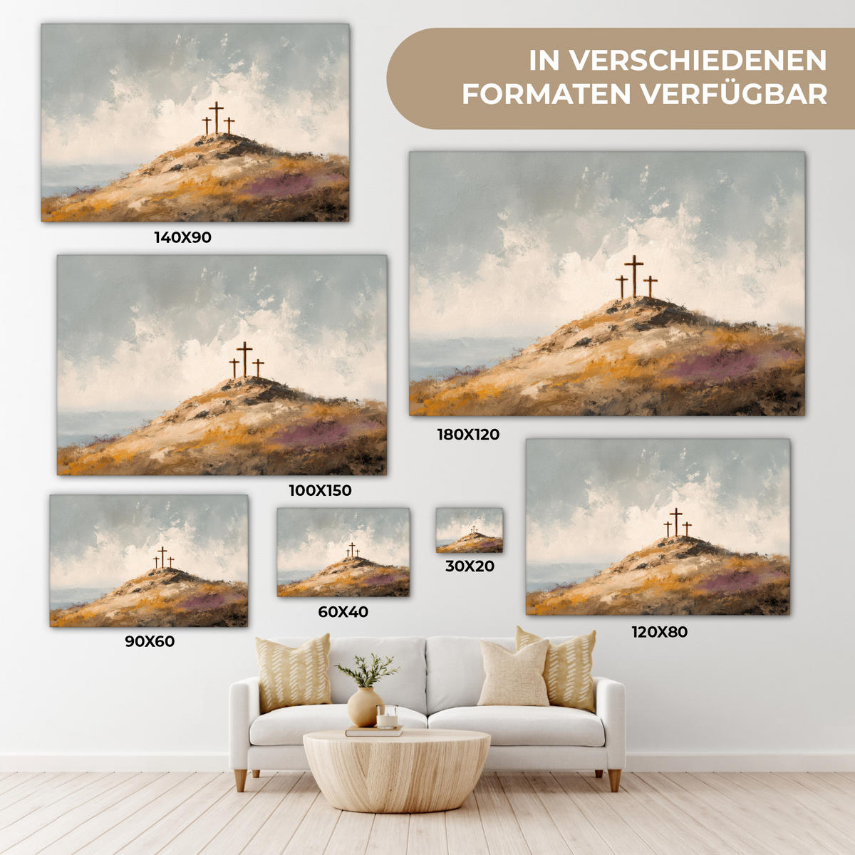 LEINWANDBILD Hügel - Abstrakt - Christentum - Kreuz Groß 140x90 cm - Hellgrau, Textil (140/90cm) - MuchoWow