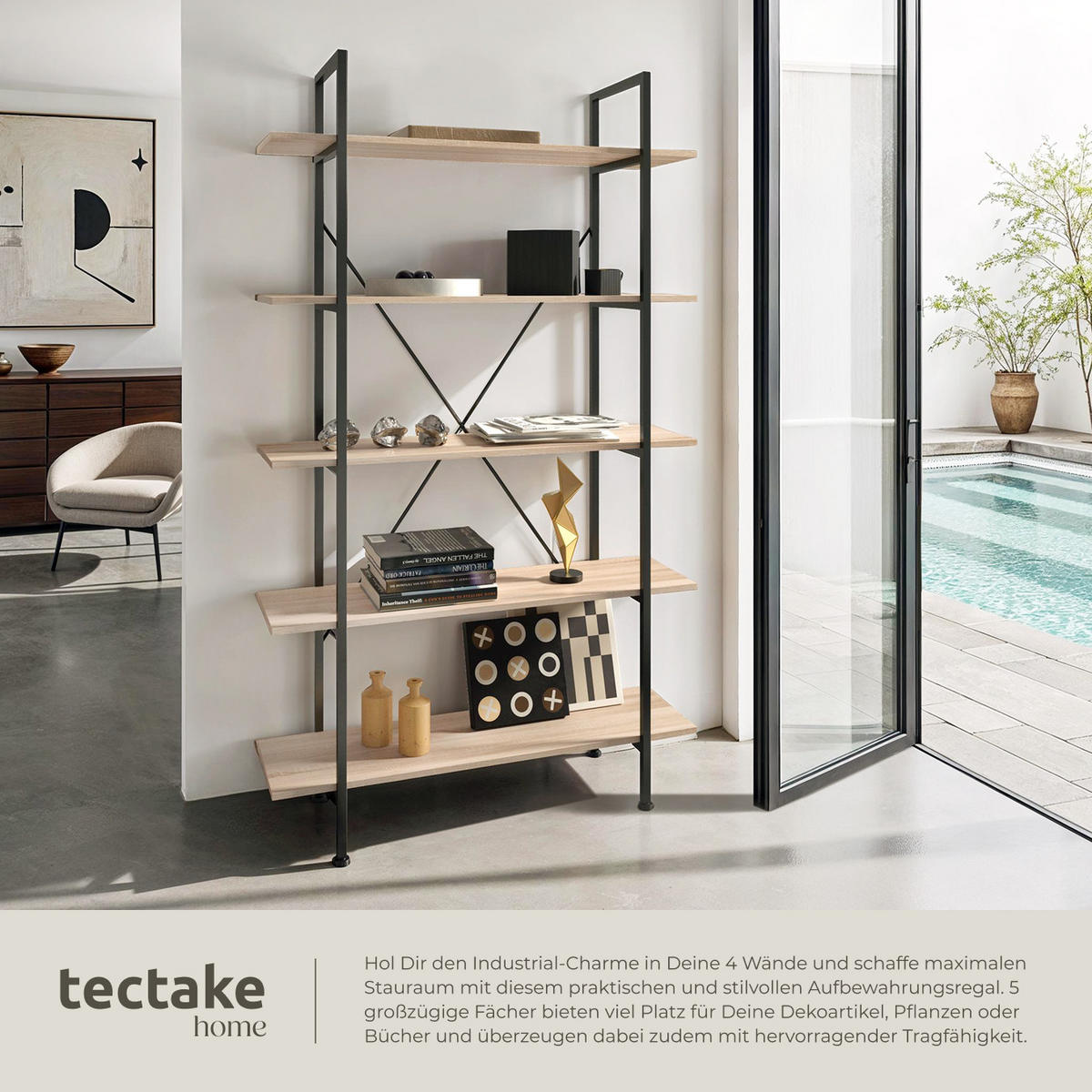 REGAL Glasgow,inklusive Kippschutz, 106 x 34,5 x 179,5 cm,Industrial Holz hell, Eiche Sonoma - Naturfarben, Holz (34.5/179.5/106cm) - tectake