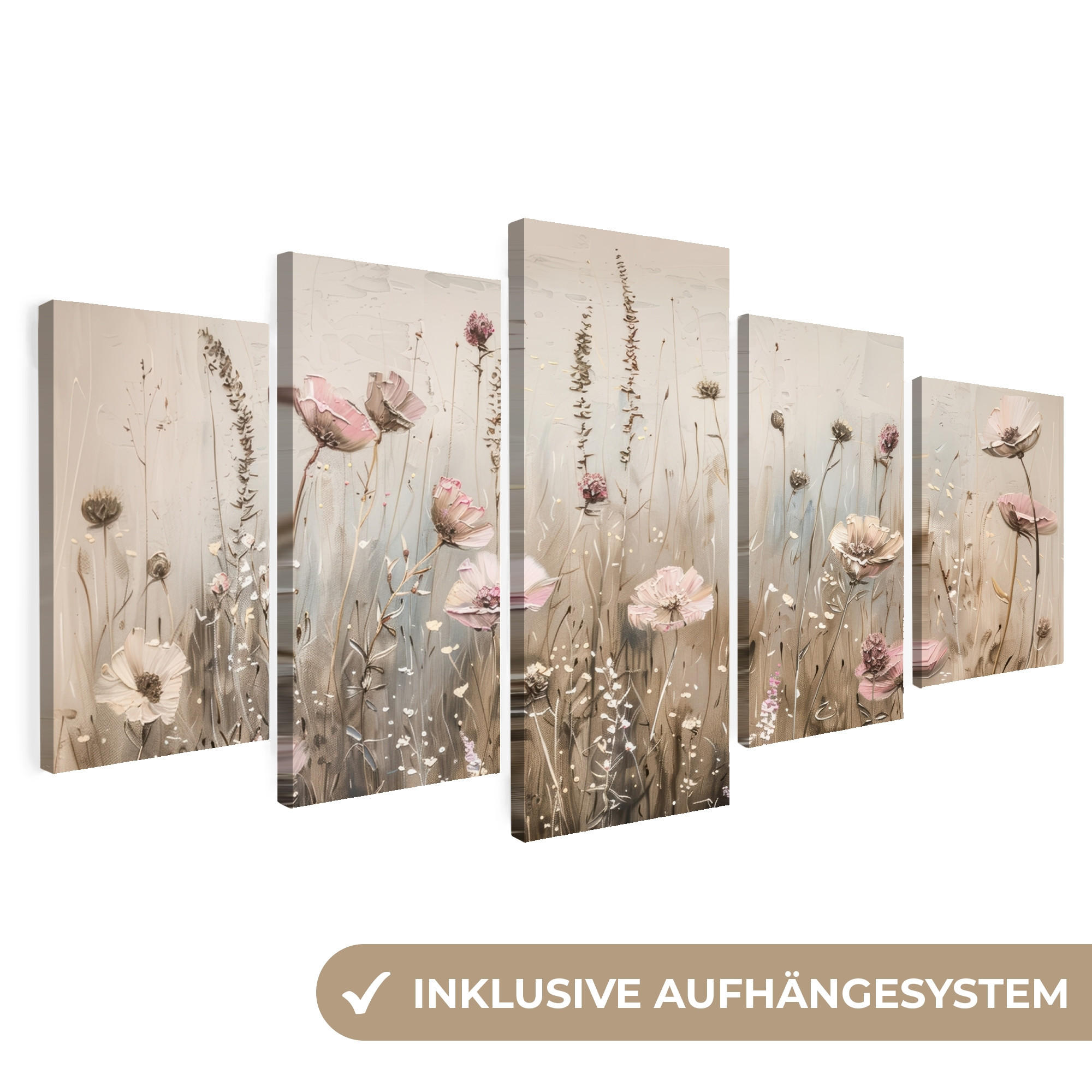 LEINWANDBILD 5er Set Blumen - Beige - Modern - Rosa 150x80 cm - Ecru, Textil (150/80cm) - MuchoWow