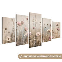 LEINWANDBILD 5er Set Blumen - Beige - Modern - Rosa 150x80 cm - Ecru, Textil (150/80cm) - MuchoWow