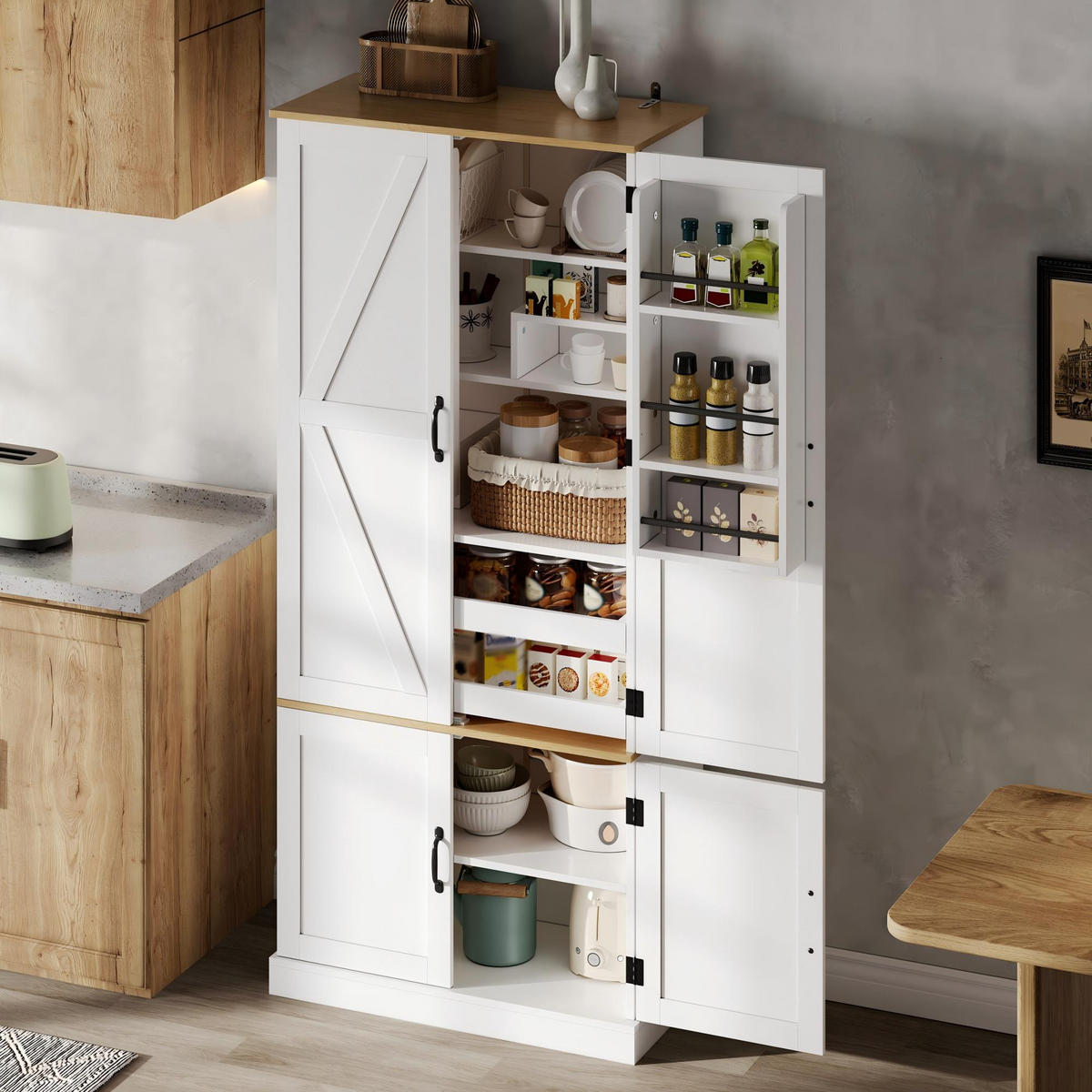 GESCHIRRSCHRANK 181 cm MDF Weiß mit Bewegungssensor LED und Schubladen - Weiß, Holzwerkstoff (80.01/181.1/39.62cm) - Korfee