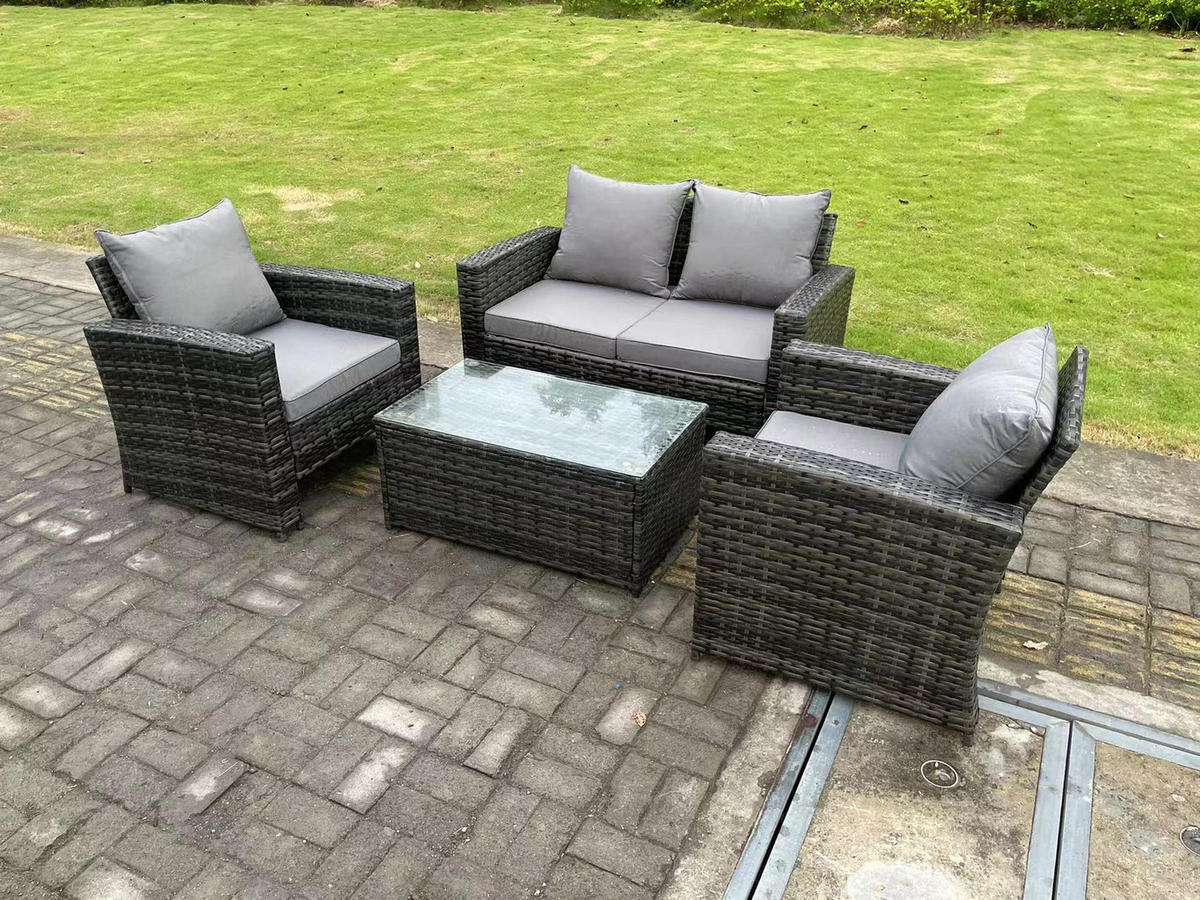 GARTENMÖBEL-SET mit Couchtisch Polyrattan Dunkelgrau 4-Sitzer - Dunkelgrau, Metall - Fimous