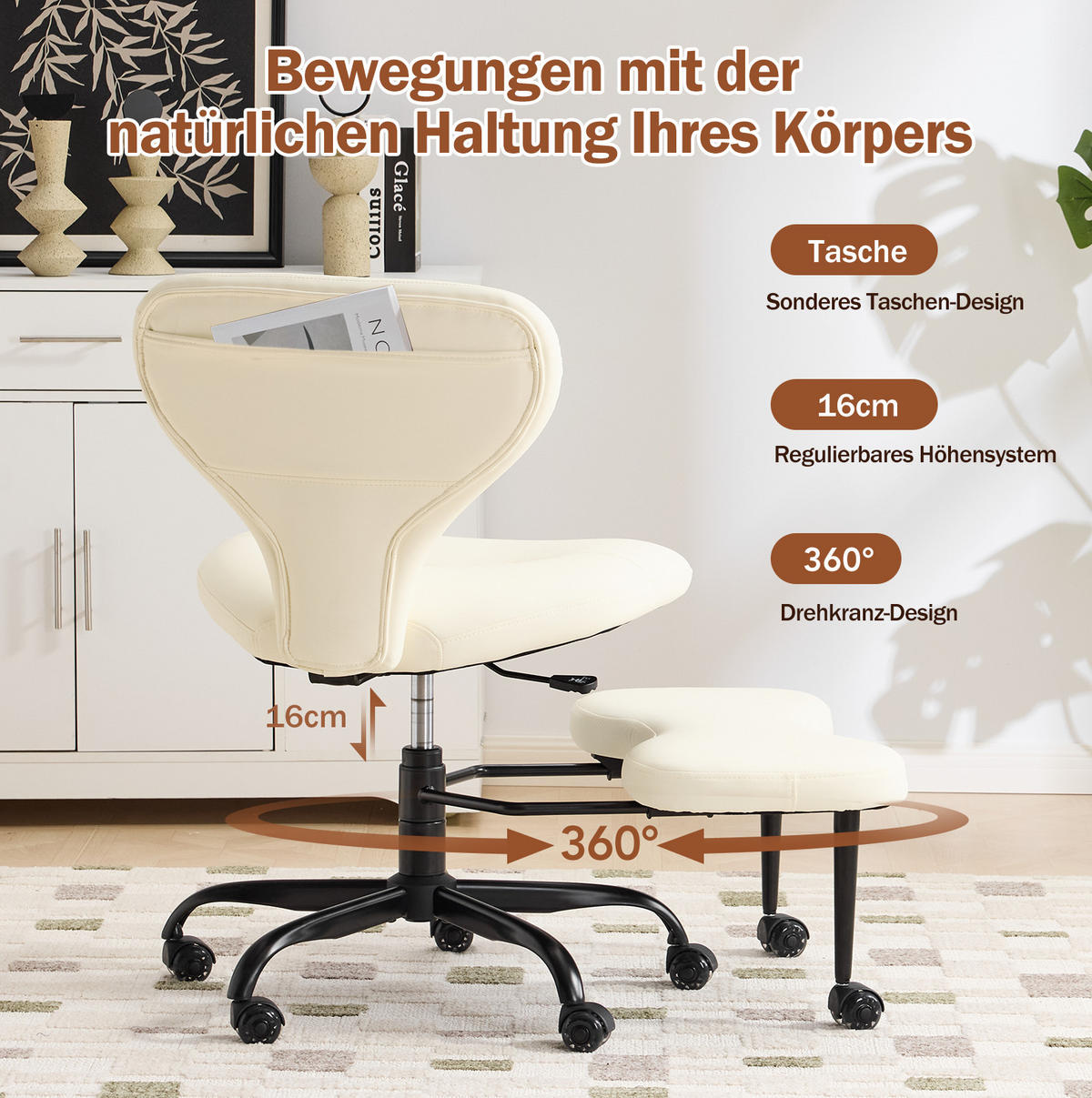 MEDITATIONSSTUHL in Weiß 80x67x84 cm mit 360°-Drehfunktion und ausziehbarer Fußstütze - Weiß, Leder (67/84/80cm) - IVMEU