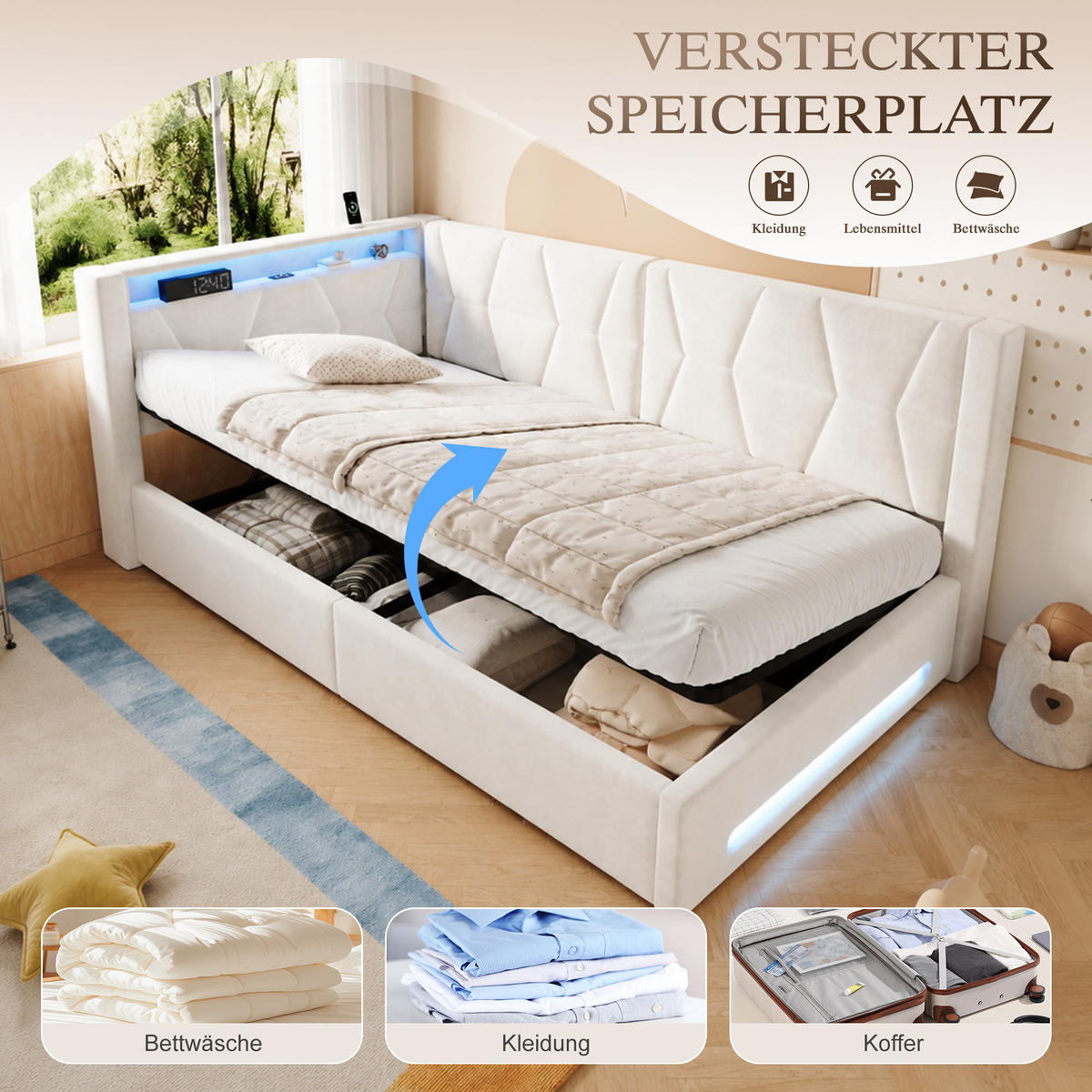 BOXBETT 90/200cm, LED/USB-C, Bettkasten, Lattenrost, Beige - Beige, Holz/Metall (90/200cm) - LVHOM