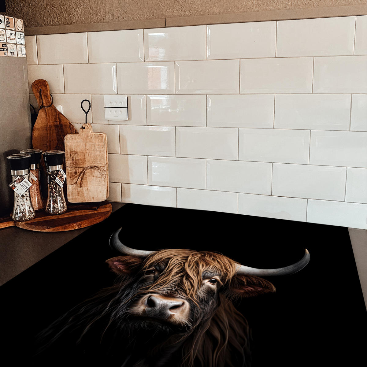 HERDABDECKPLATTE Schottischer Highlander - Porträt - Schwarz - Tier Induktionsmatte 78x78 cm - Braun, Kunststoff (78/78/0.2cm) - MuchoWow