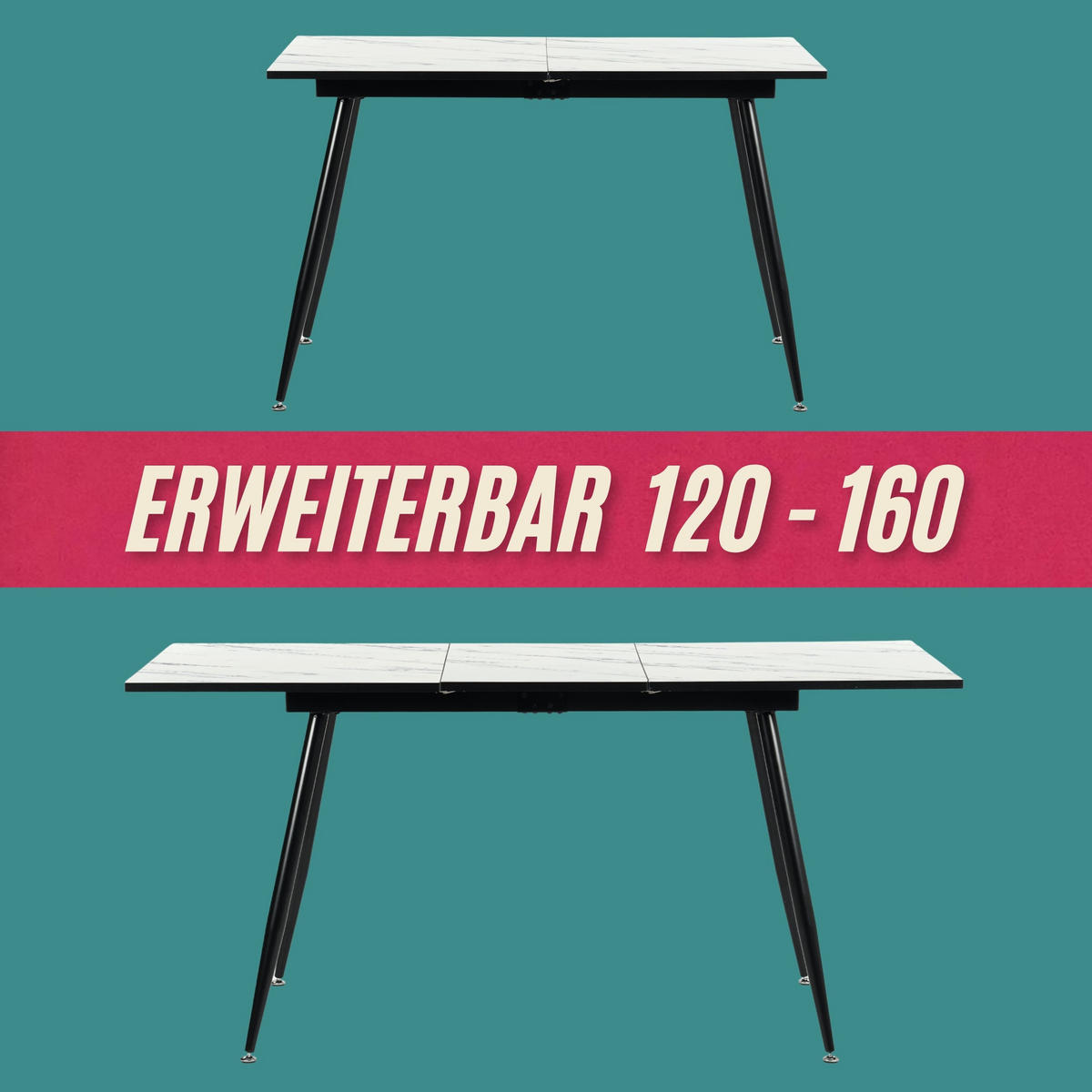 ESSTISCH Weiß Marmormuster rechteckig ausziehbar 120-160/80/75cm - Schwarz/Weiß, Holz/Metall (80/120/75cm) - Urban Meuble