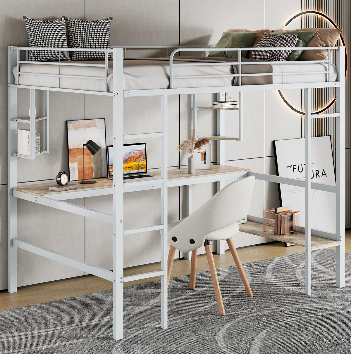 HOCHBETT 90/200 cm Weiß aus Metall und MDF mit Schreibtisch und Regalen - Weiß, Metall (90/200cm) - OKMYHOME