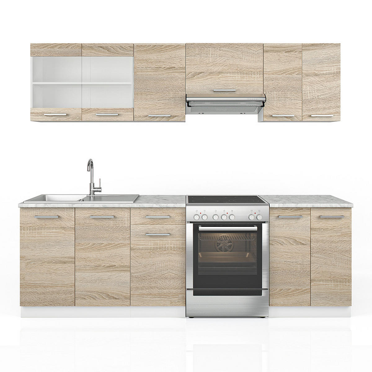 KÜCHENZEILE Raul Sonoma 240 cm, AP Marmor - Weiß/Sonoma Eiche, Holzwerkstoff (240/81.6/60cm) - Vicco