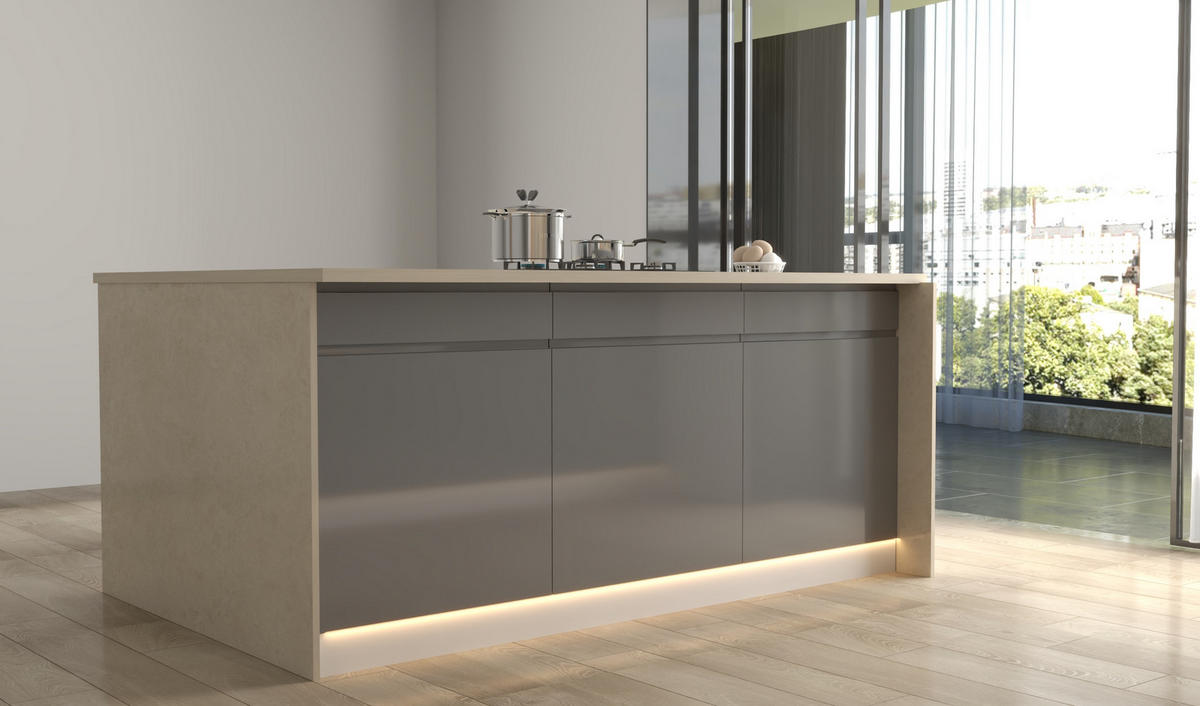 INSELKÜCHE Velmora Grau Hochglanz – 420 cm + Insel 180 cm – KÜ-AS-018 – Grau - Grau, Holzwerkstoff (420/212/58cm) - ROYAL24_MARKT