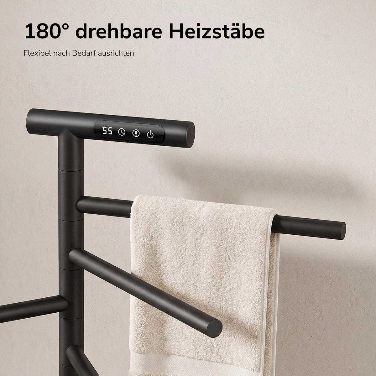 HANDTUCHHALTER elektrisch Standmodell LED Touch Display/App-Steuerung Schwarz 100/53,9 cm - Schwarz, Metall (53.9/100/35cm) - EMKE