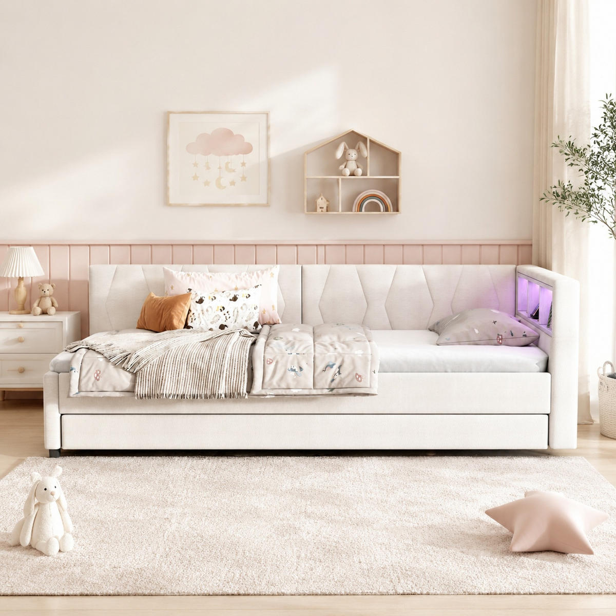 POLSTERBETT 90/200 mit Ausziehbett, LED-Lichtleiste, Ablagefach, USB + Typ-C und Leinen in Beige - Beige, Holzwerkstoff/Textil (90/200cm) - EVRYAE