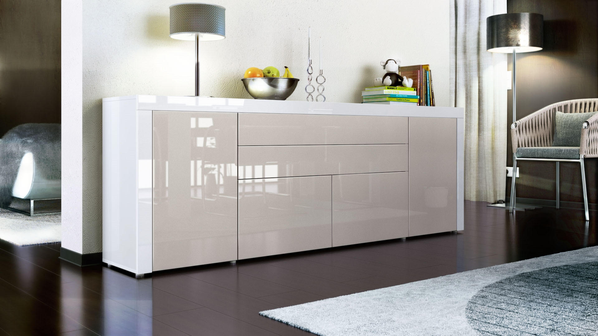 SIDEBOARD La Paz Sandgrau Hochglanz / Weiß Hochglanz - Sandfarben, Holzwerkstoff (200/72/35cm) - Vladon