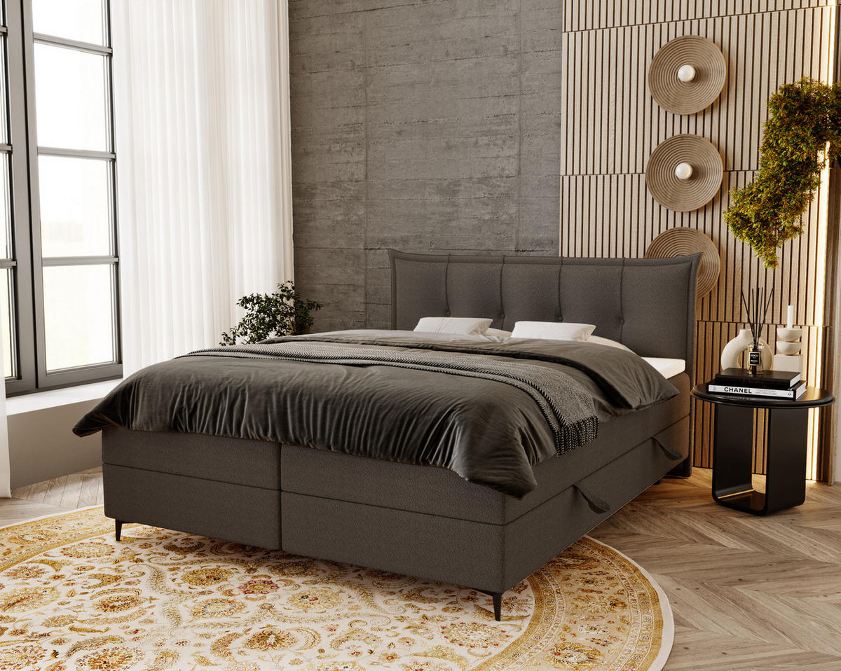 BOXSPRINGBETT Boucle 160x200 Liron mit Kissen-Kopfteil und Matratze, Dunkelgrau - Dunkelgrau, Holz/Textil (160/200cm) - Emporius